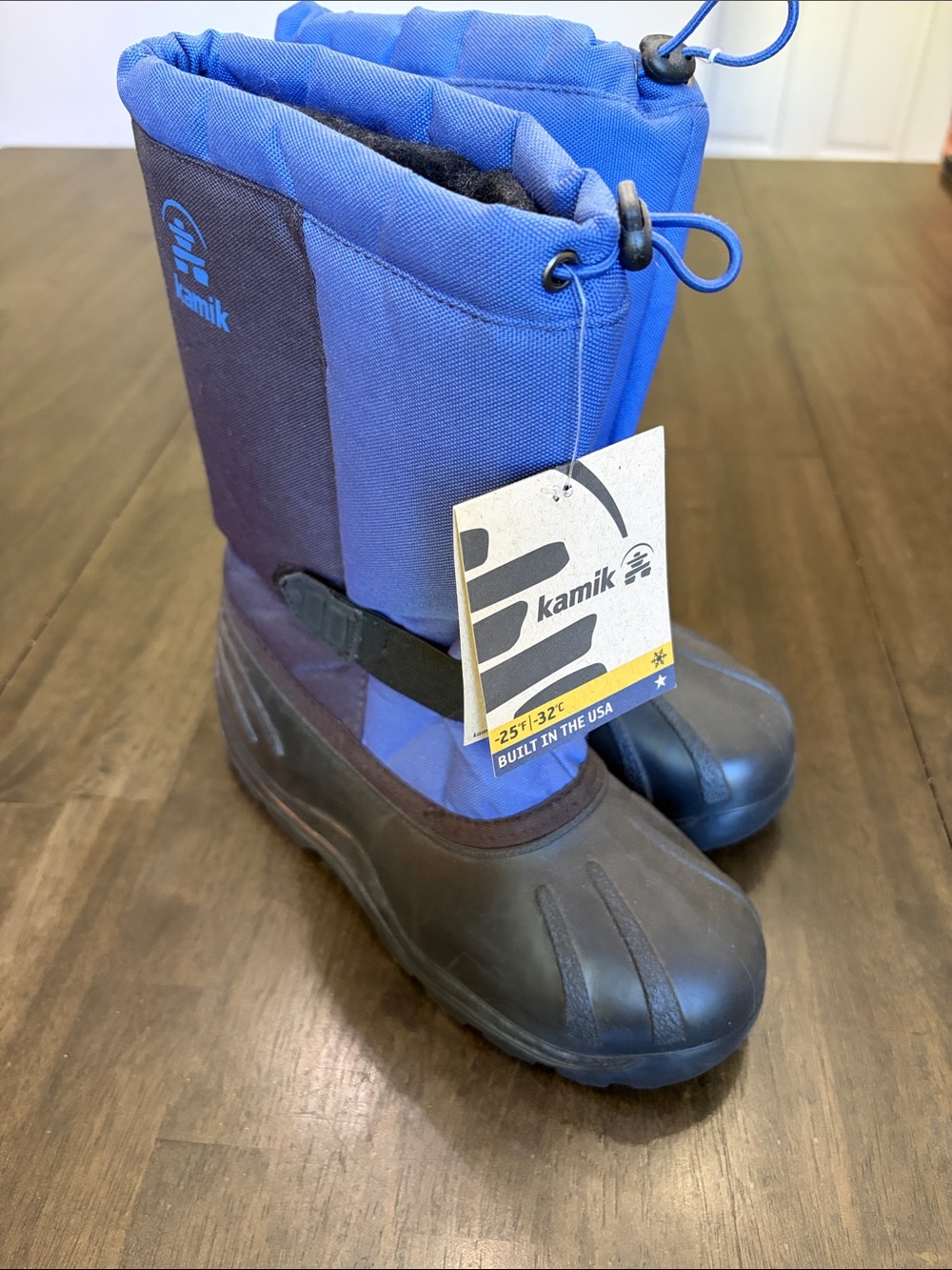 Kamik Kids Blue and Black Snow Boots with Pull-Cord Closure